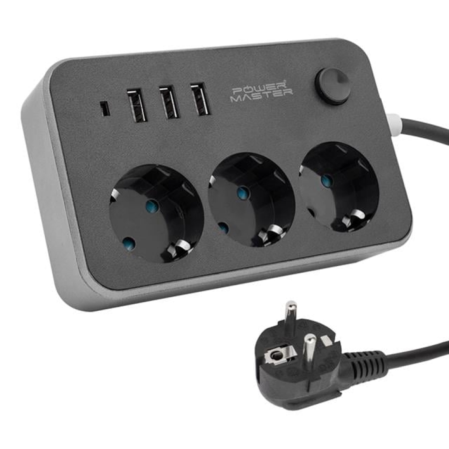 Powermaster 3 USB Çıkışlı 1.8 Metre (10A-2500 Watt) 3lü Akım Korumalı Priz