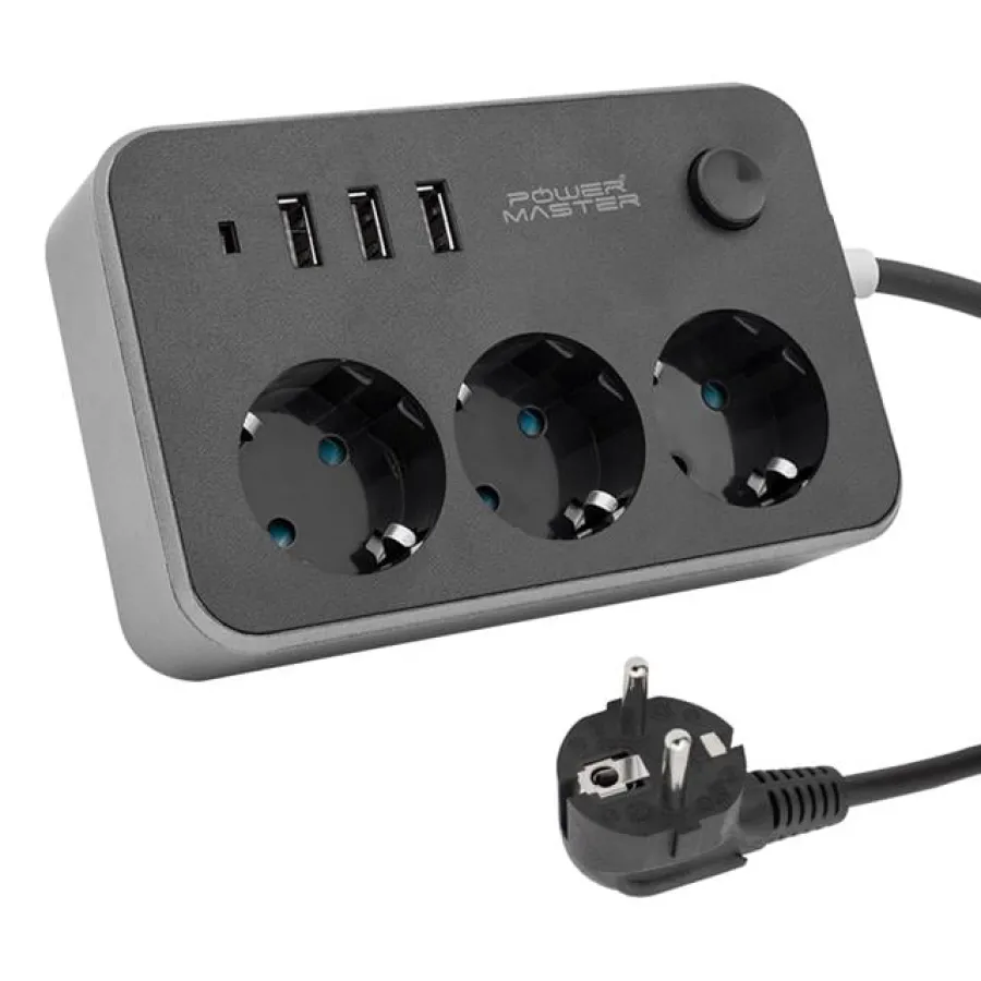 Powermaster 3 USB Çıkışlı 1.8 Metre (10A-2500 Watt) 3lü Akım Korumalı Priz