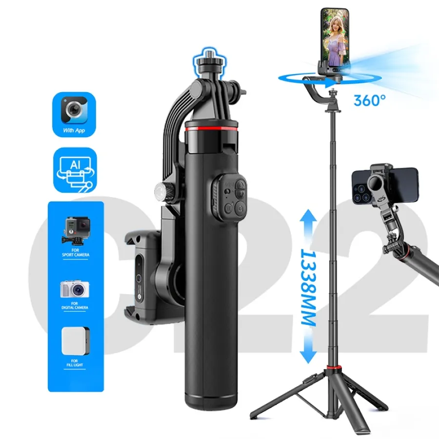 C22 AI Akıllı Yüz Takipli Gimbal Tripod- 360 Döner Selfie Çubuğu, Bluetooth Uzaktan Kumandalı Stabilizatör