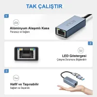 INCA IUTP-01T USB 3.0 TYPE-C 3.1 ETHERNET ÇEVİRİCİ RJ45 1000MBPS ALUMINYUM KASA