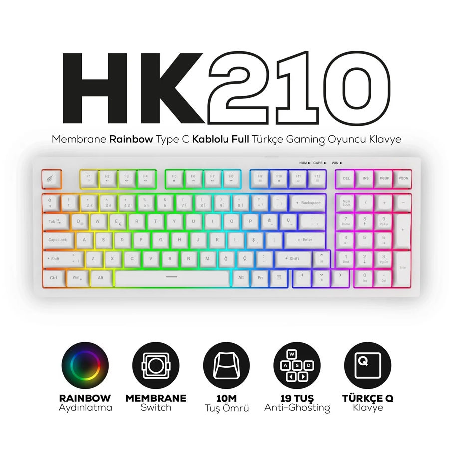 HAWK HK210B GAMING HK210 MEMBRANE RAINBOW TYPE C KABLOLU SİYAH FULL TÜRKÇE GAMING KLAVYE