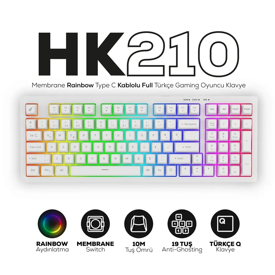 HAWK HK210B GAMING HK210 MEMBRANE RAINBOW TYPE C KABLOLU SİYAH FULL TÜRKÇE GAMING KLAVYE