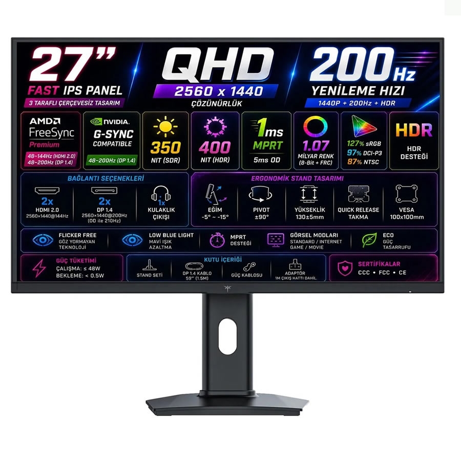 KTC H27T7P 27 inç 2K QHD 210Hz 1ms Fast IPS Oyuncu Monitörü (HDR400, FreeSync & G-Sync Uyumlu, Pivot)
