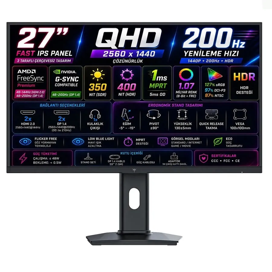KTC H27T7P 27 inç 2K QHD 210Hz 1ms Fast IPS Oyuncu Monitörü (HDR400, FreeSync & G-Sync Uyumlu, Pivot)