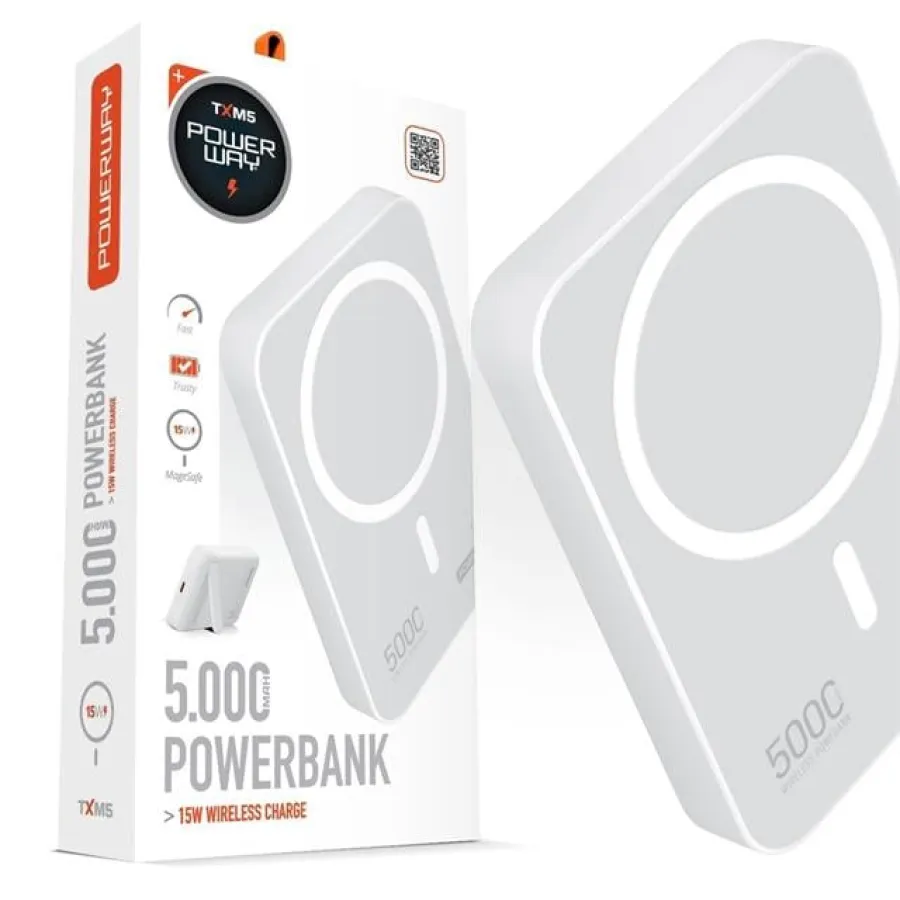 Powerway 5.000mAh PD15W Magsafe Kablosuz Wireless Taşınabilir Şarj Cihazı Beyaz Powerbank TXM5