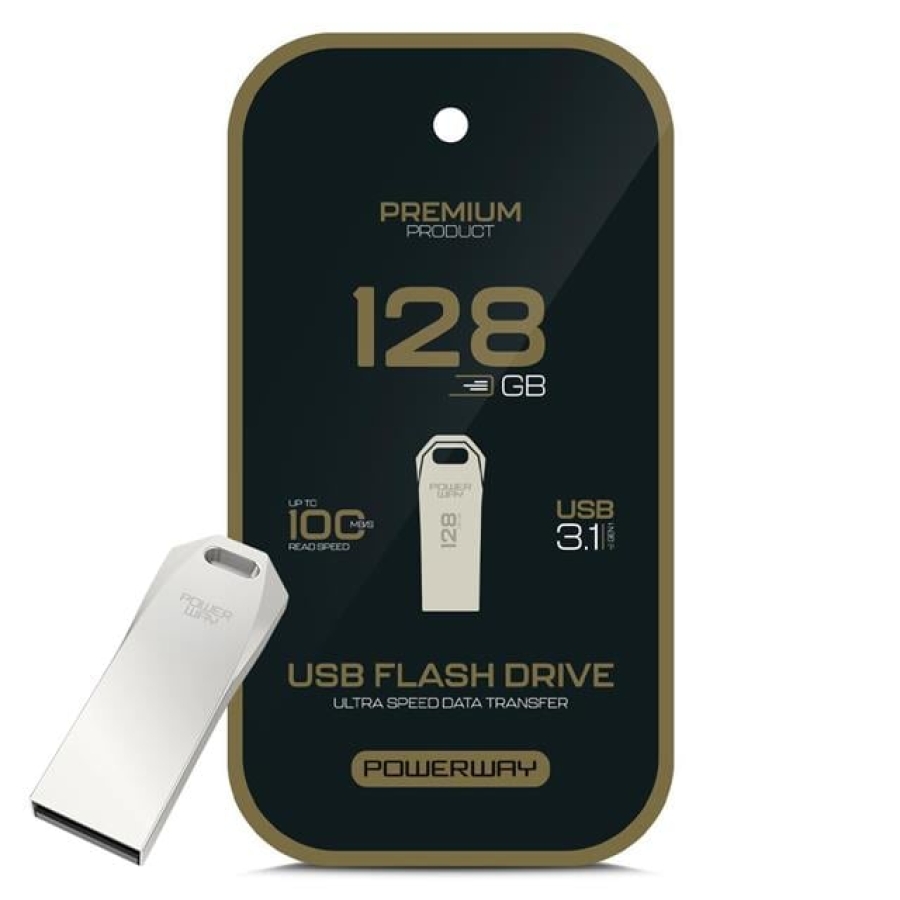 Powerway Premium 128GB 100MB/S Ultra Hızlı USB 3.1 Metal Silver Flash Bellek