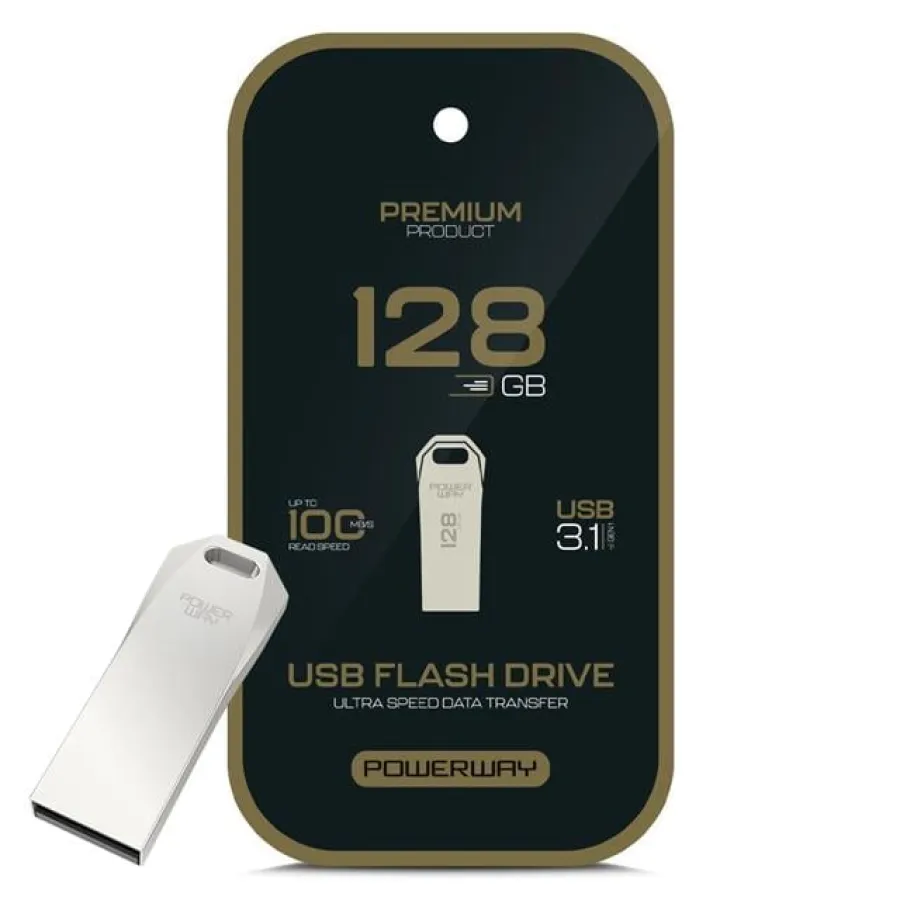 Powerway Premium 128GB 100MB/S Ultra Hızlı USB 3.1 Metal Silver Flash Bellek