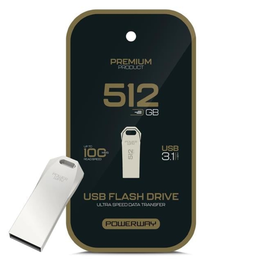 Powerway Premium 512GB 100MB/S Ultra Hızlı USB 3.1 Metal Silver Flash Bellek