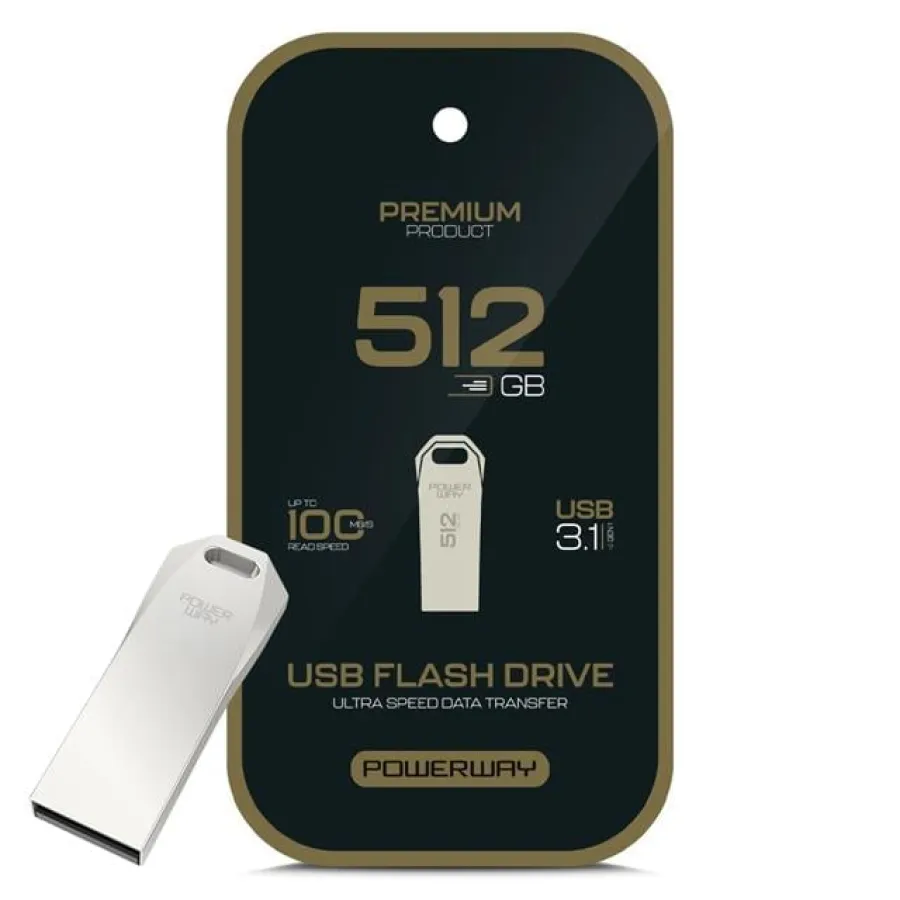 Powerway Premium 512GB 100MB/S Ultra Hızlı USB 3.1 Metal Silver Flash Bellek