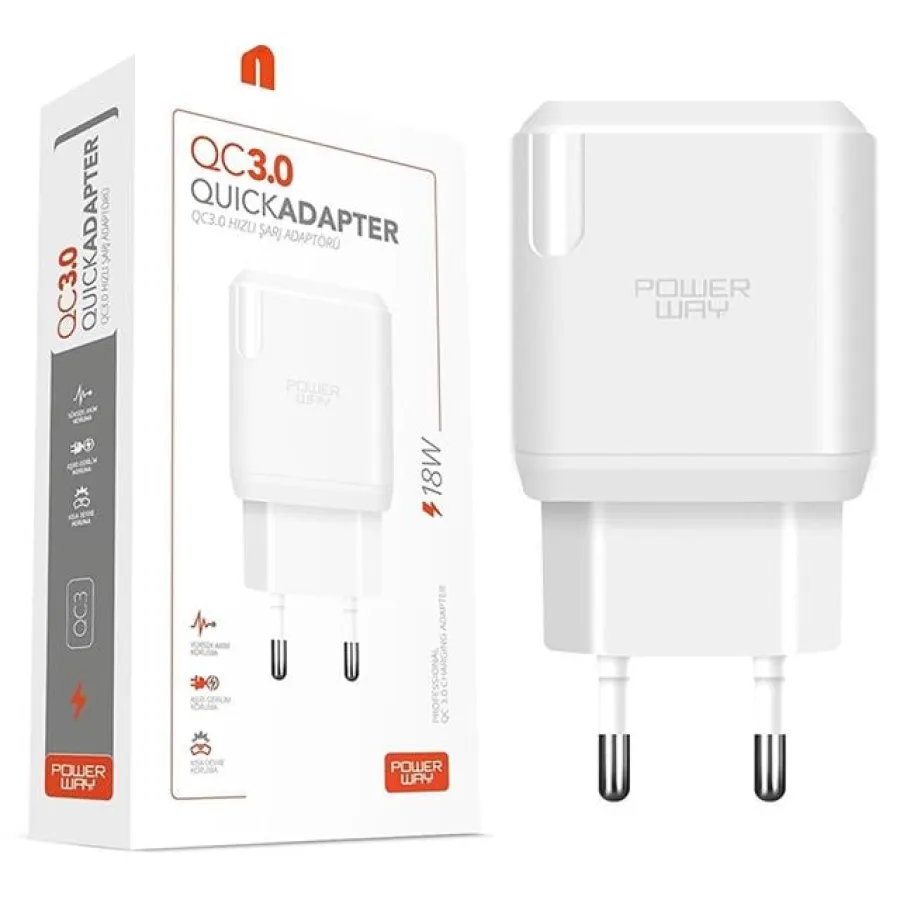 Powerway QC3 3 Amper 18W Tüm Android ve iOS Telefonlarla Uyumlu USB Hızlı Şarj Adaptörü