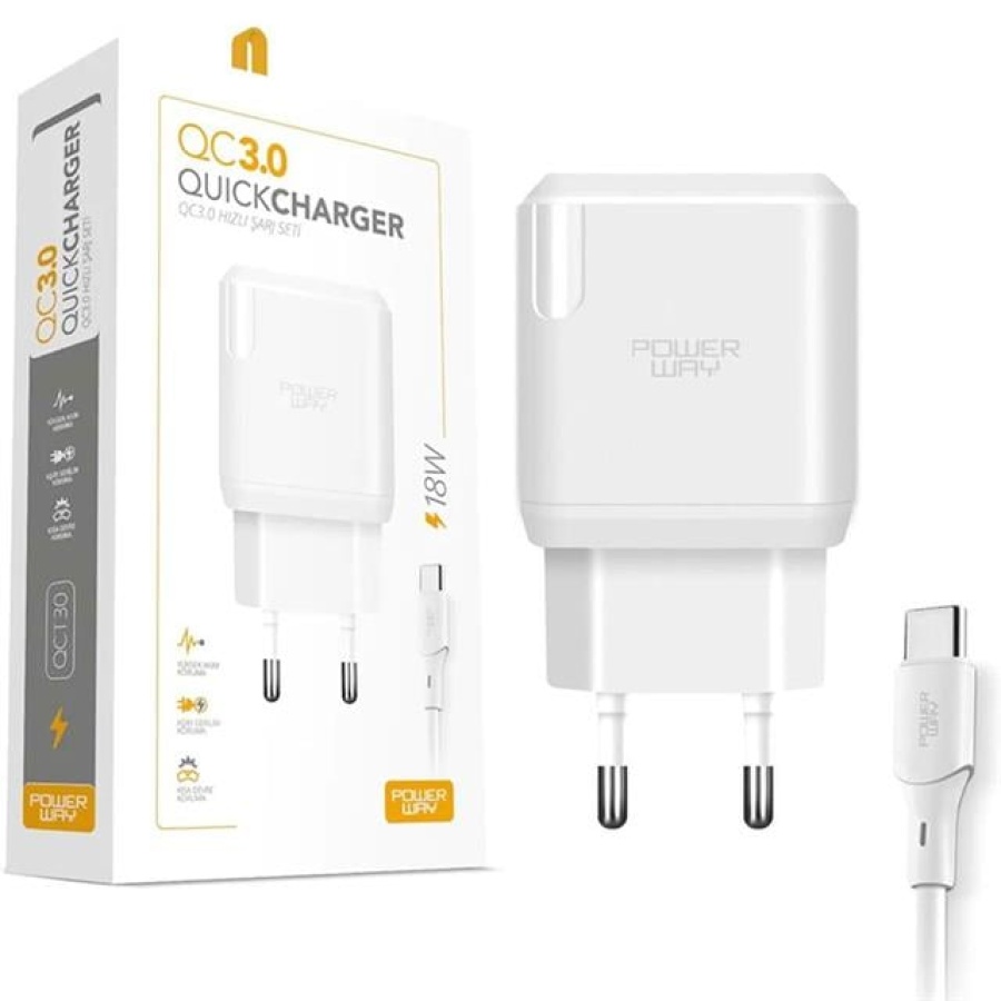 Powerway QCT30 18 Watt 3 Amper Type-C Kablolu Hızlı Şarj Aleti Seti