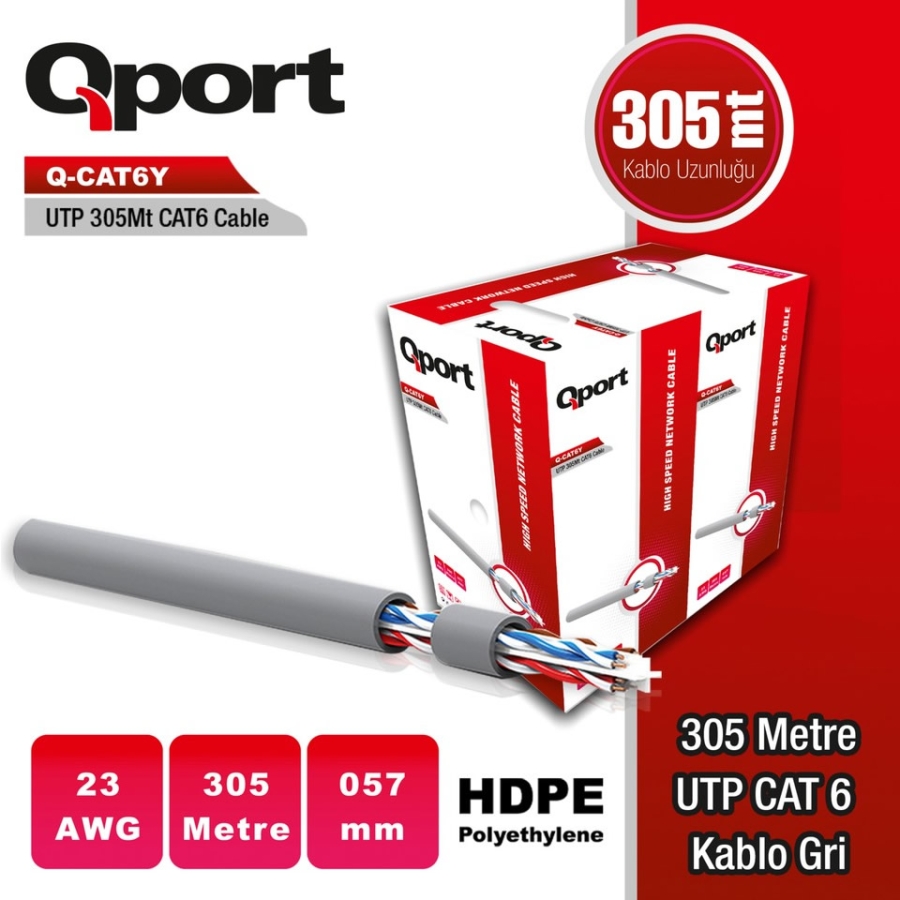 QPORT Q-CAT6Y 305M UTP 0,57MM CAT6 23 AWG GRI KABLO