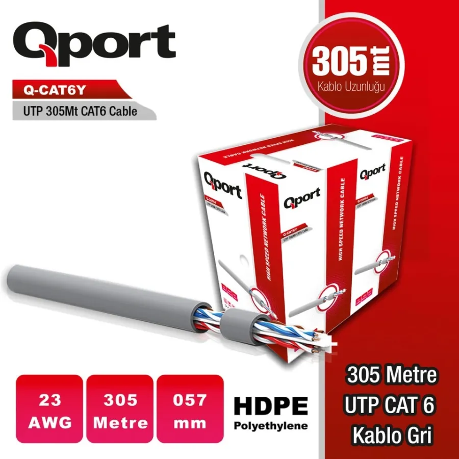 QPORT Q-CAT6Y 305M UTP 0,57MM CAT6 23 AWG GRI KABLO
