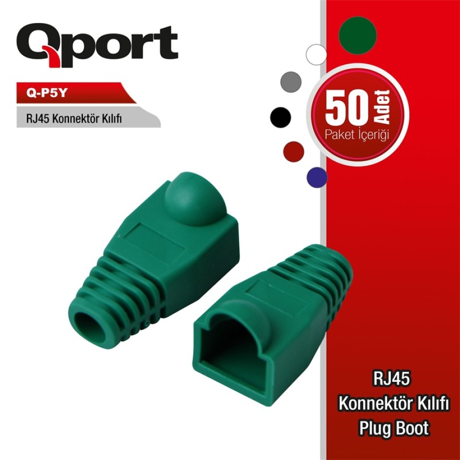 QPORT Q-P5Y Yeşil RJ45 Konnektör Kılıfı 50li Paket - Ethernet Kablo Koruma Boot
