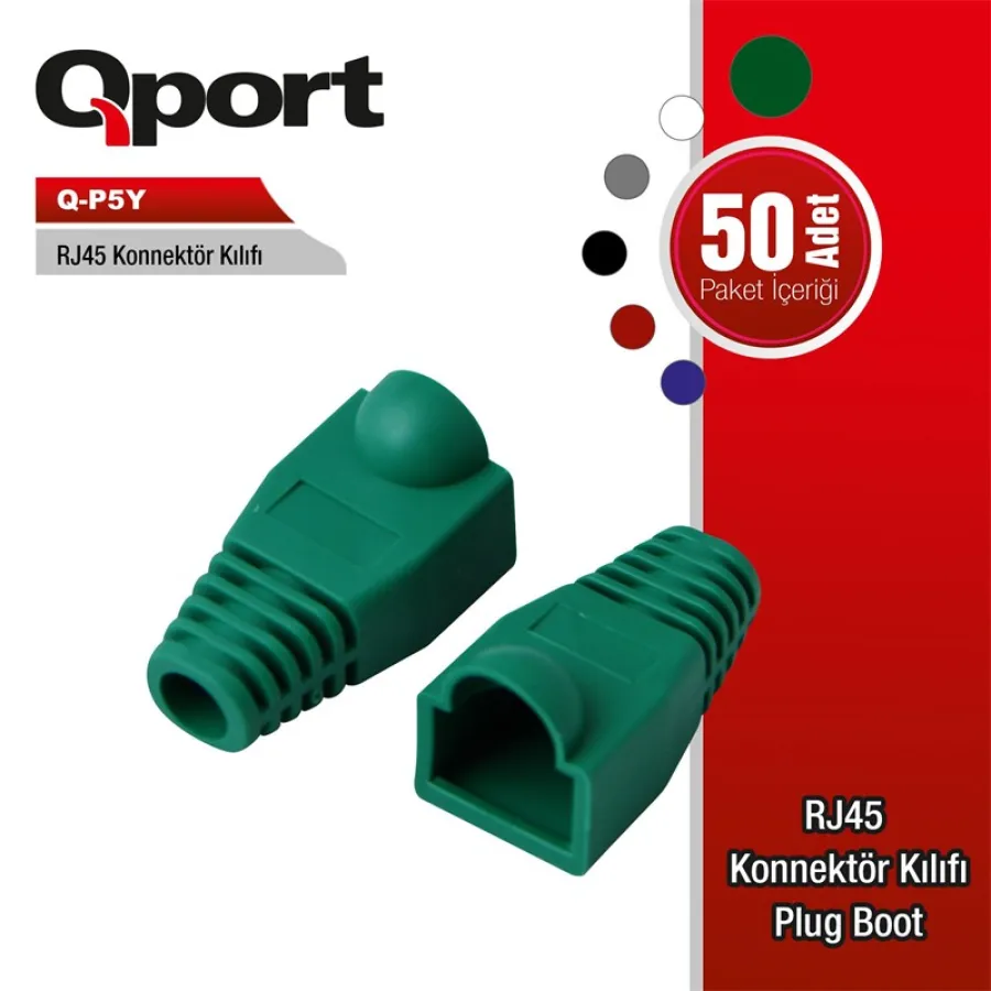QPORT Q-P5Y Yeşil RJ45 Konnektör Kılıfı 50li Paket - Ethernet Kablo Koruma Boot