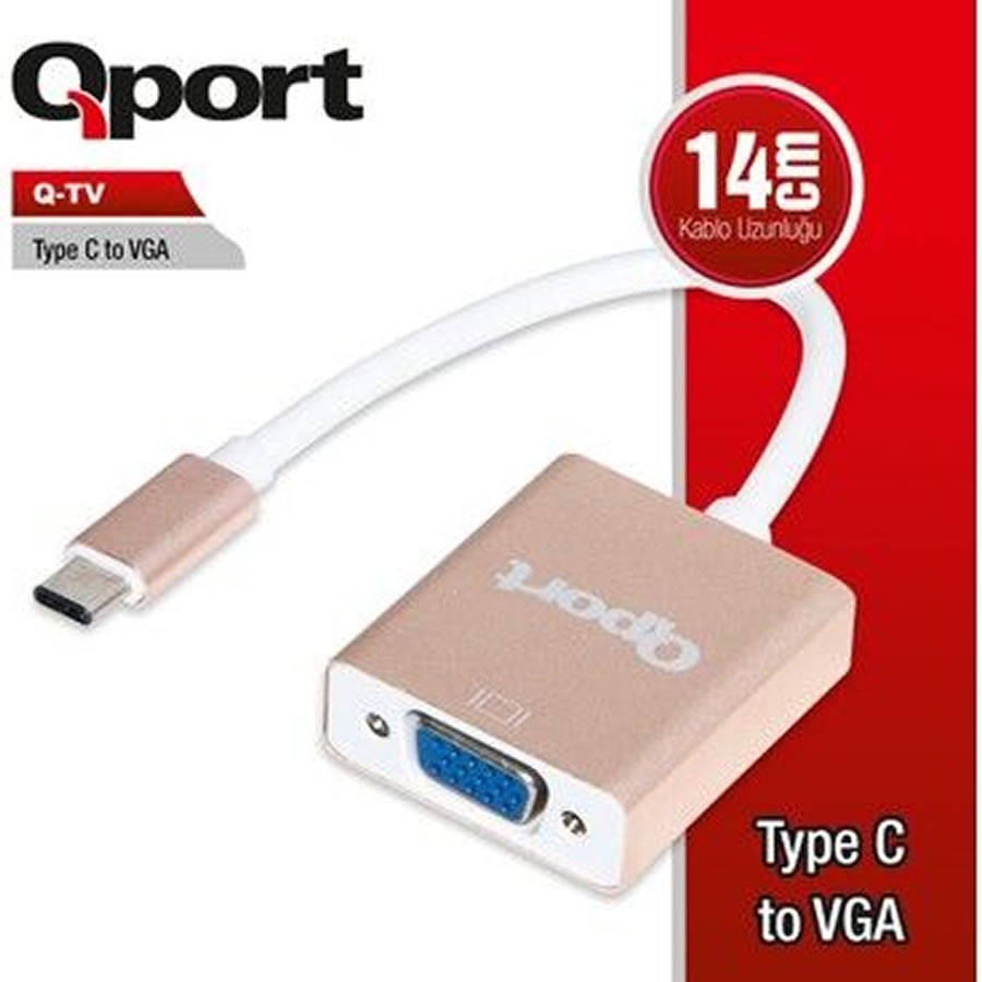 Qport Q-TV Type-C Erkek - VGA Dişi 1920x1080P 60Hz Görüntü Çevirici Adaptör