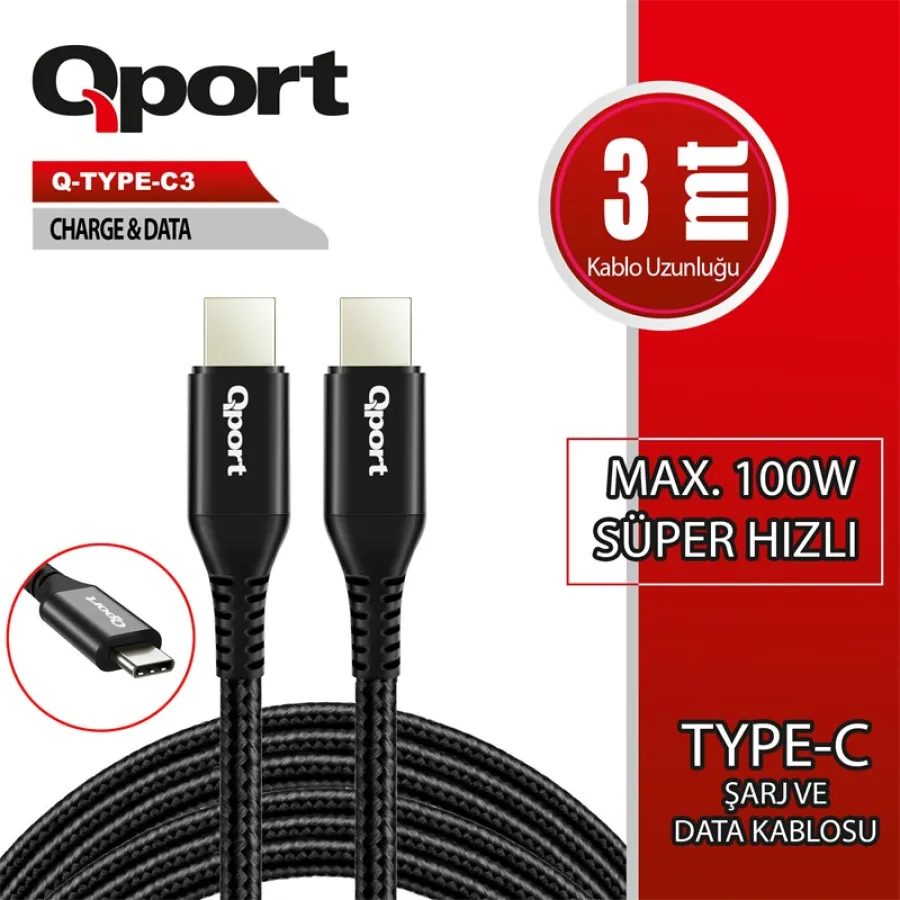 QPORT Q-TYPE-C3 3 METRE TYPE-C 100W PD ŞARJ VE DATA KABLOSU