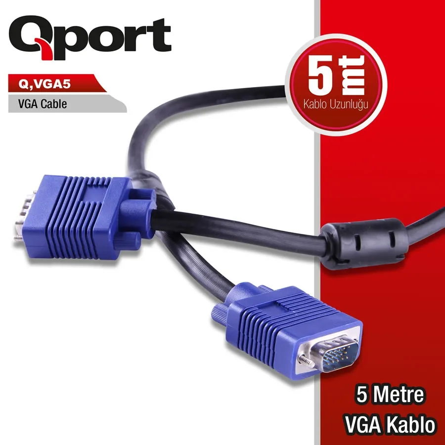 QPORT Q-VGA5 15PIN FİTRELİ 5M ERKEK ERKEK KABLO