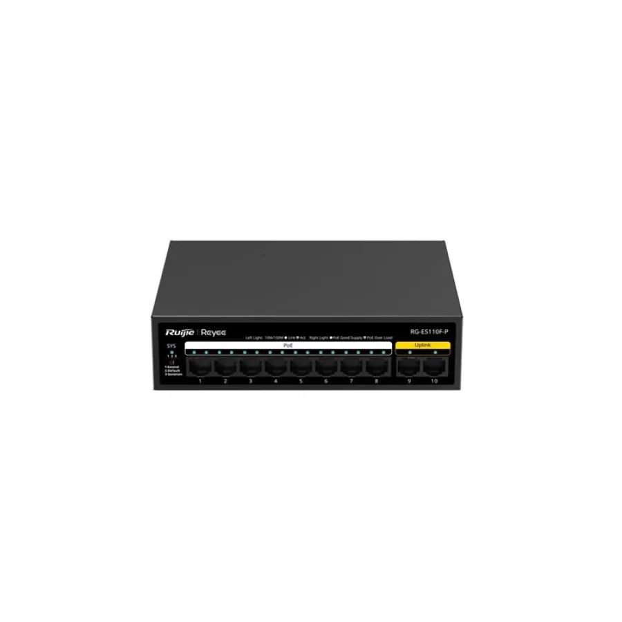 RUIJIE REYEE RG-ES110F-P 8 PORT 10/100 + 2X 10/100 RJ45 UPLINK METAL KASA 110W POE SWITCH