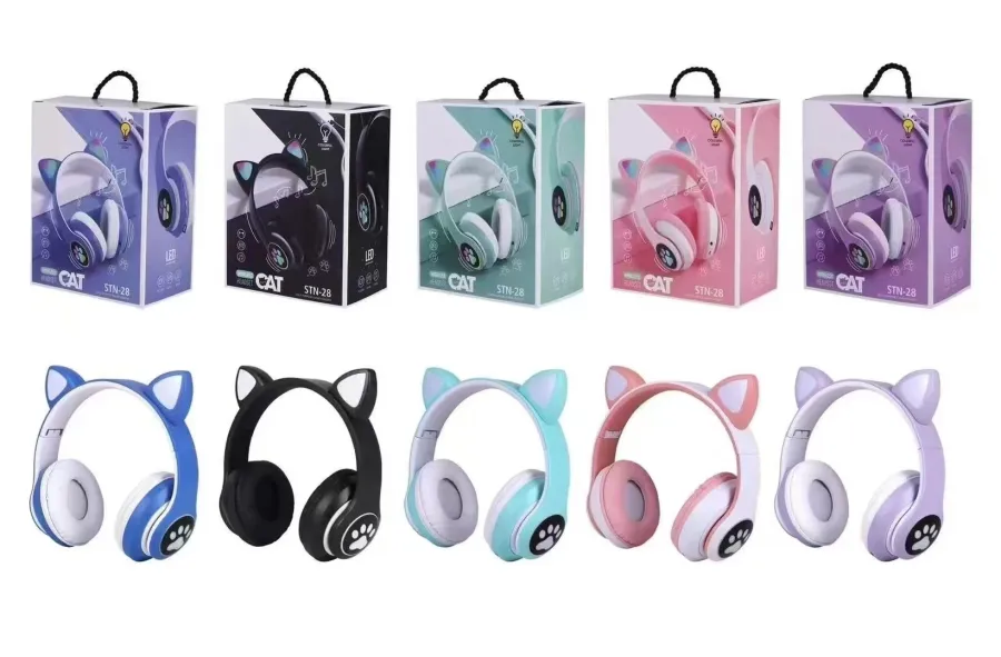 STN-28 Kablosuz Kedi Kulaklık LED Işıklı Mikrofonlu ve Hafıza Kartı Girişli Kulak Üstü