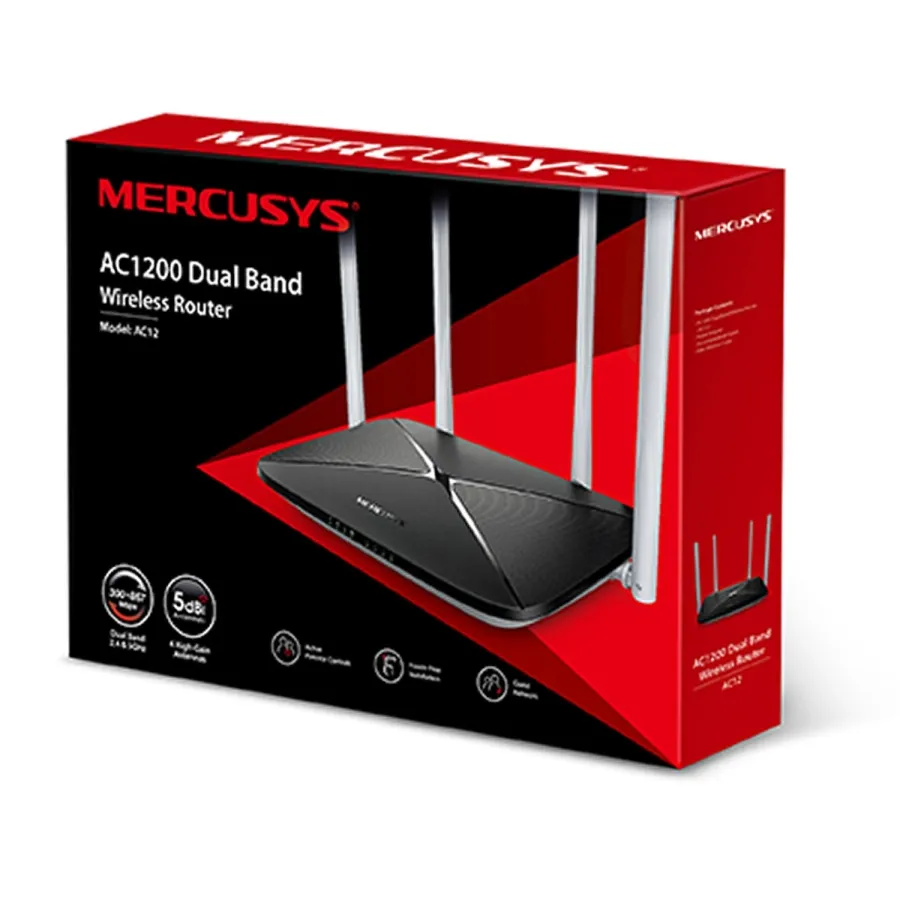 TP-Link Mercusys AC12 AC1200 Dual Band Kablosuz Router, 867Mbps 5GHz + 300Mbps 2.4GHz, 4x5dBi Anten, IPv6 & IPTV Desteği, Kolay Kurulum