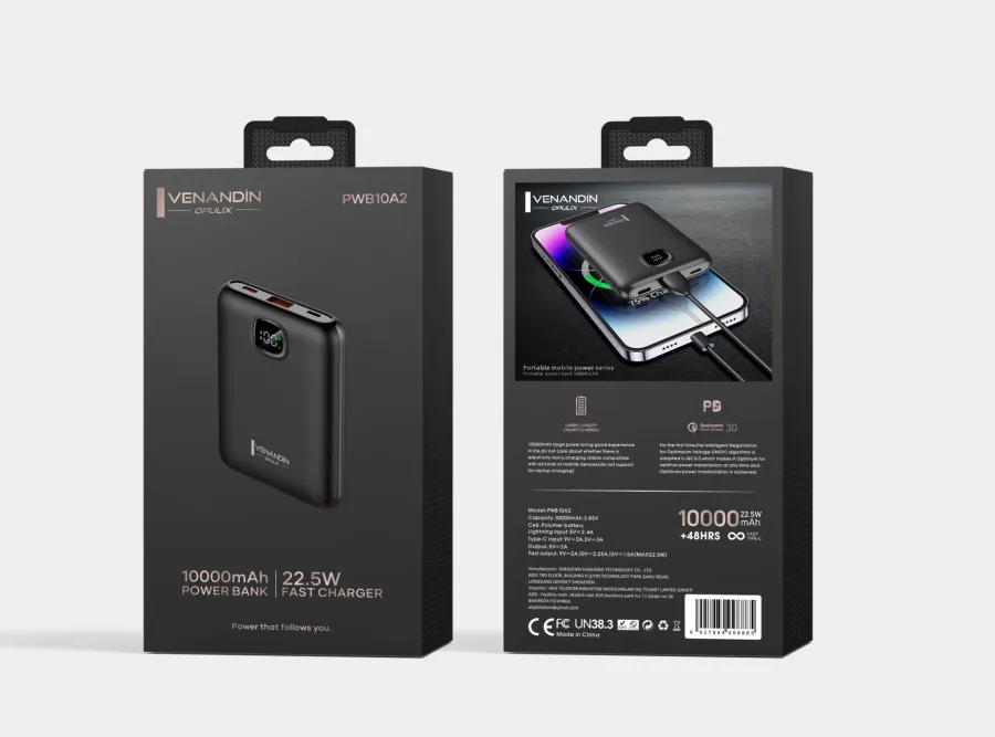 Venandin PWB10A2 10.000 mAh Dijital Göstergeli Hızlı Şarj Powerbank - Siyah, 1 USB Çıkışlı