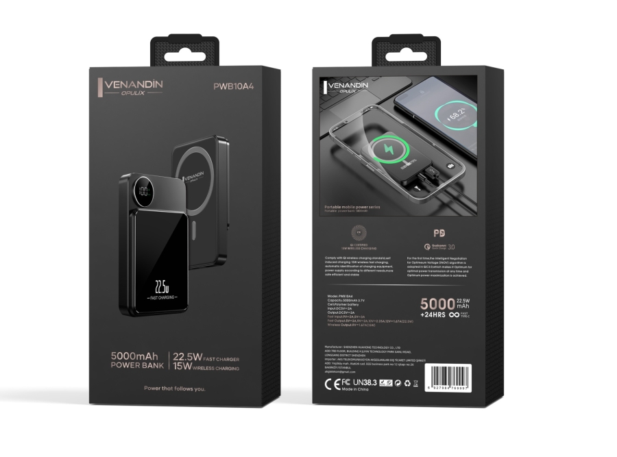 Venandin PWB10A4 5000 mAh 22.5W Hızlı Şarj Taşınabilir Powerbank – Siyah