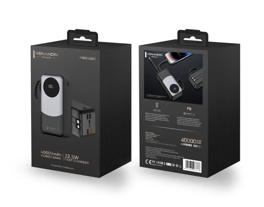 Venandin PWB40A1 40.000 mAh 22.5W Hızlı Şarj Powerbank – 4 USB Çıkışlı, Led Göstergeli - Siyah