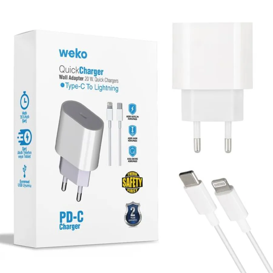 Weko WK-21443 PD-C 20 Watt Telefon Şarj Adaptörü + Type-C To Lightning Kablo