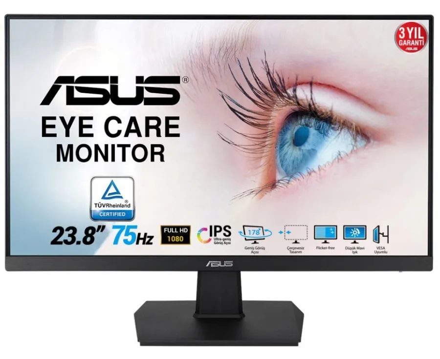 23.8 ASUS VA24EHE IPS 5MS 75MHZ 1XVGA 1XHDMI 1XDVI FHD 1920X1080 EYE CARE FLICKER-FREE DÜŞÜK MAVİ IŞIK ÇERÇEVESİZ VESA