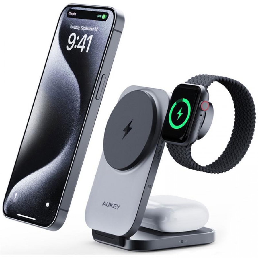 Aukey Magfusion Z LC-MC312-GY MAGFUSION Z QI2 15W KATLANABİLİR 3 Ü 1 ARADA MIKNATISLI KABLOSUZ ŞARJ CİHAZI