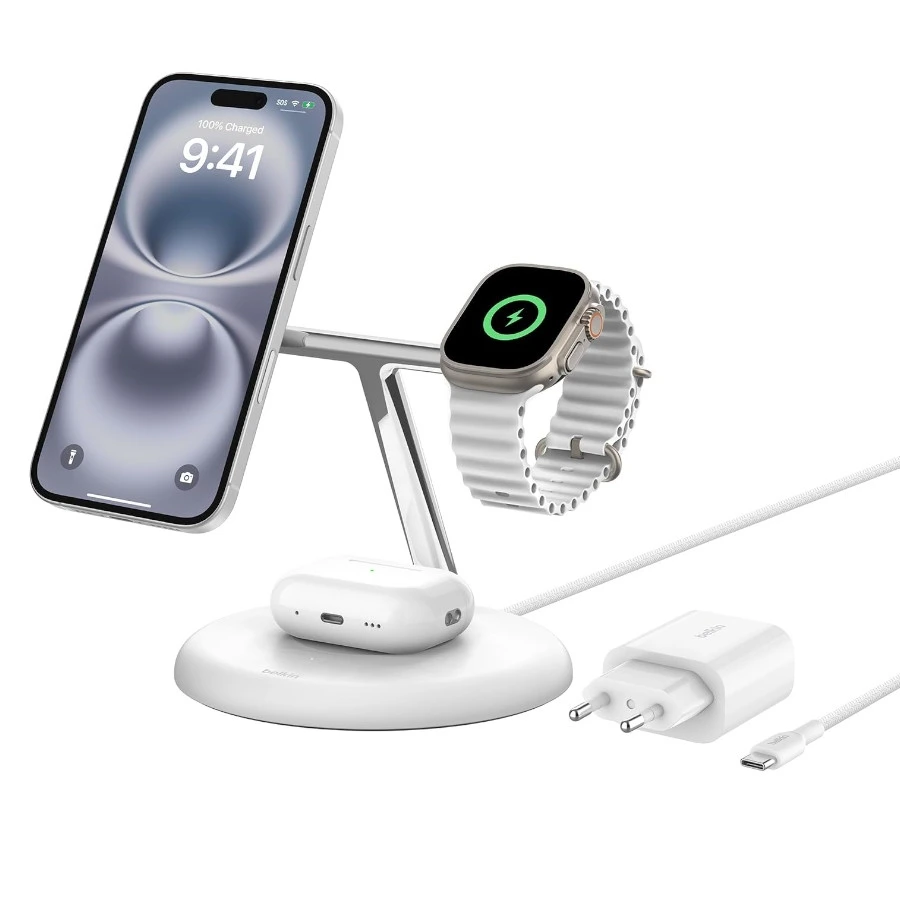 Belkin Qi2 15W 3in1 Magsafe Kablosuz Şarj Standı - Beyaz