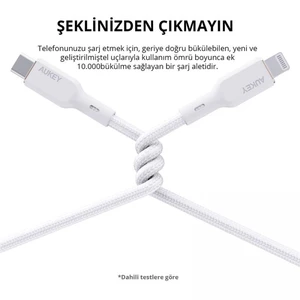 AUKEY CB-NCL1-WH NAYLON ÖRGÜLÜ 3A 480MBPS TYPE-C LIGHTNING KABLOSU 1.8MT
