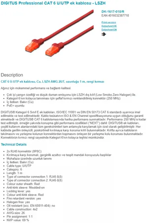 DIGITUS DK-1617-010/R 1M CAT6 26/7 AWG CU LSZH KRM