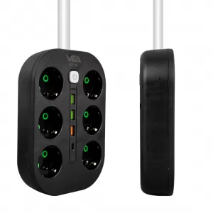 VEA VE-22399 6'lı Kablolu 3 USB'li Siyah Grup Priz