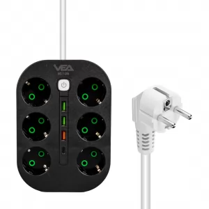 VEA VE-22399 6'lı Kablolu 3 USB'li Siyah Grup Priz
