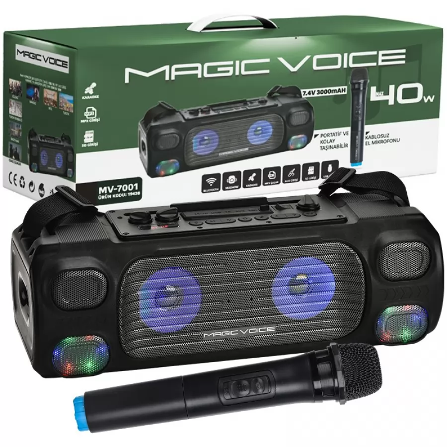 Magicvoice MV-7001 VHF El Mikrofonlu USB-SD-BT Işıklı 40 W Taşınabilir Şarjlı  Seyyar Anfi