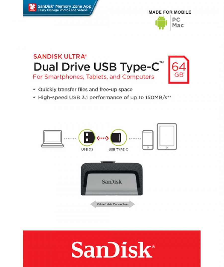 SanDisk 64 GB Ultra Dual Drive Type-C SDDDC2-064G-G46 USB Bellek