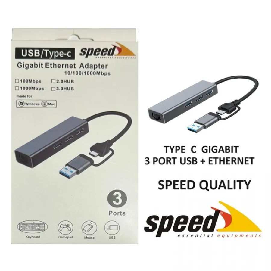 SPEED SP UET01 USB / TYPE-C ÇOKLAYICI GIGABIT ETHERNET ÇEVİRİCİ