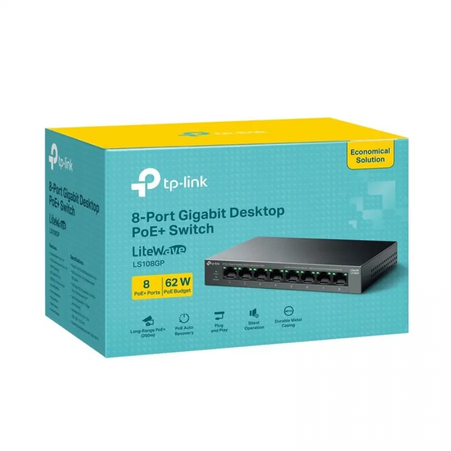 TP-LINK LS108GP 8 PORT GIGABIT + RJ45 62W 250 METRE POE SWITCH MESAFE METAL KASA