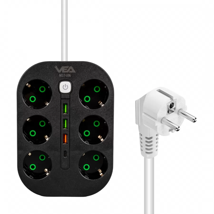 VEA VE-22399 6'lı Kablolu 3 USB'li Siyah Grup Priz