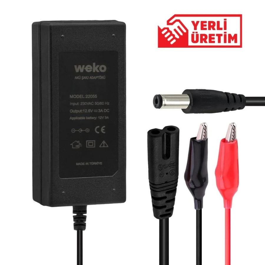 WEKO 12.6 VOLT - 3 AMPER 5.5*2.5 + KROKODİL UÇLU LEDLİ YERLİ ÜRETİM MASAÜSTÜ ŞARJ ADAPTÖRÜ (OUT:12V3A)